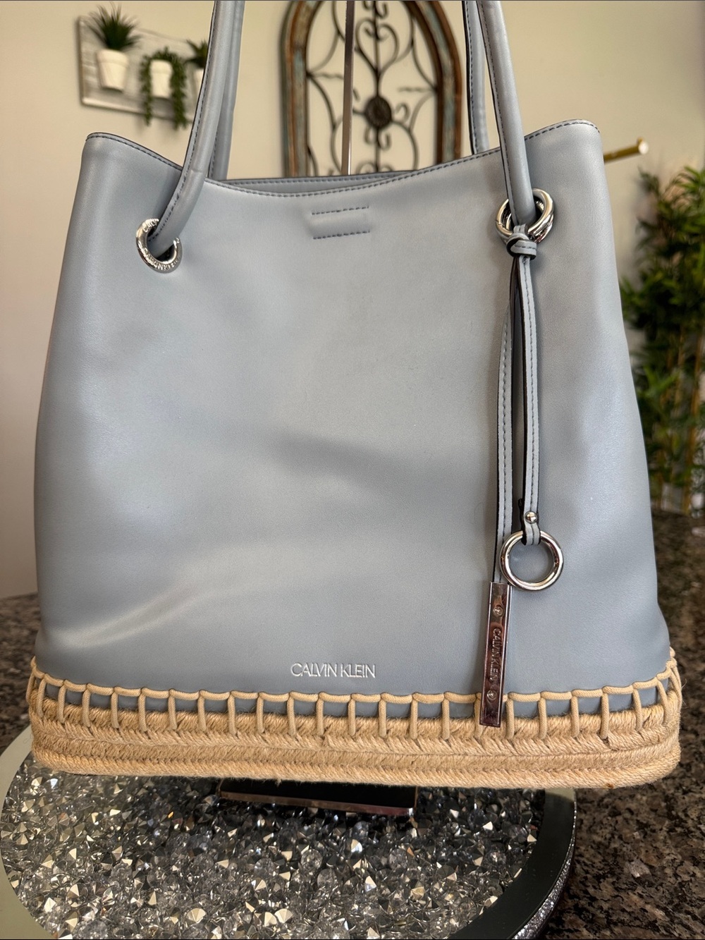 Calvin Klein Pale Blue bucket Tote with straw Natural Rope Trim EUC